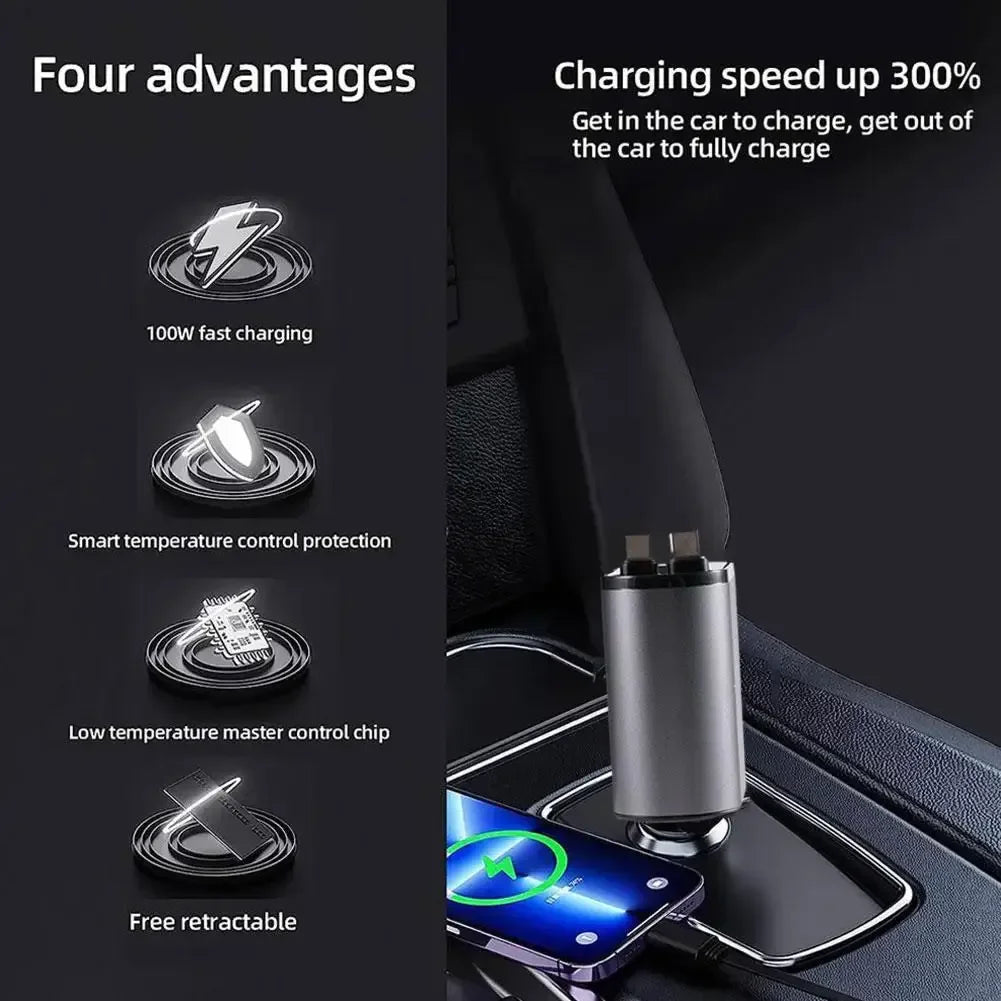 Versatile 100W Car Charger with Retractable Cable - Eritas London