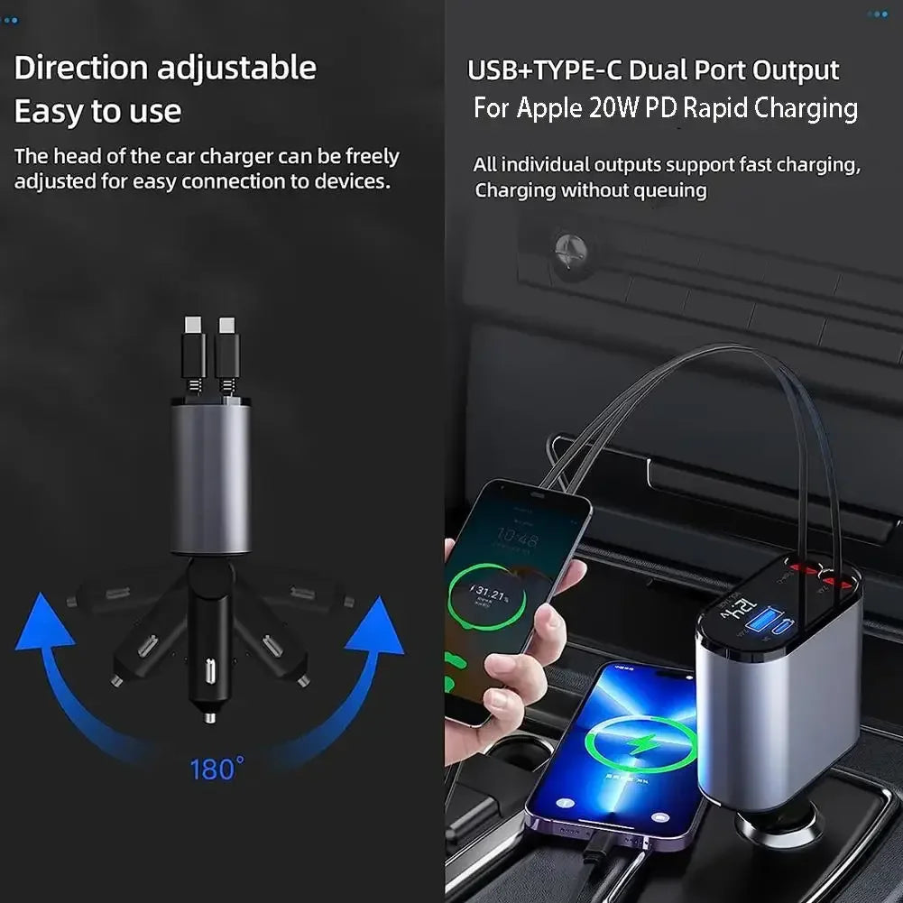 Versatile 100W Car Charger with Retractable Cable - Eritas London