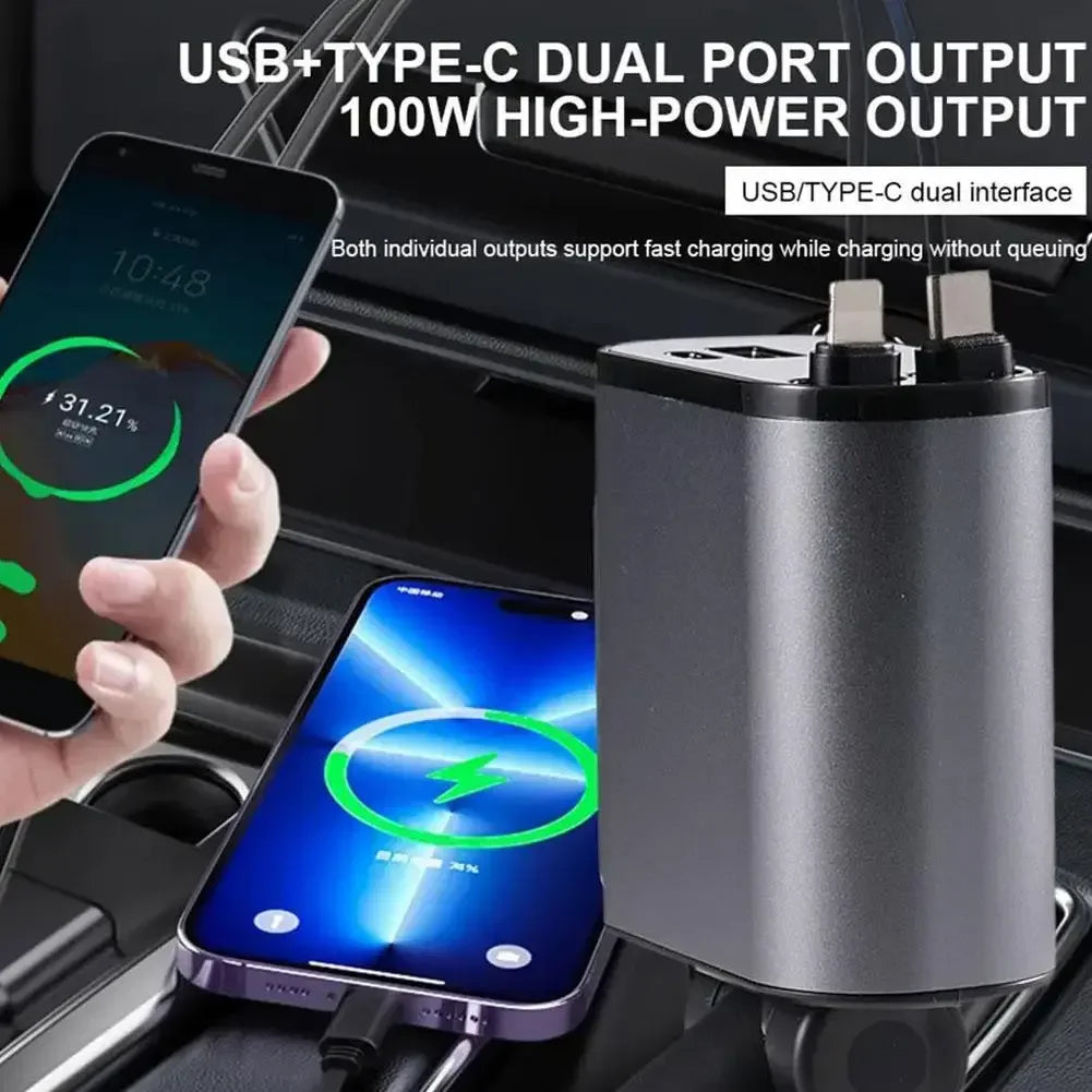 Versatile 100W Car Charger with Retractable Cable - Eritas London
