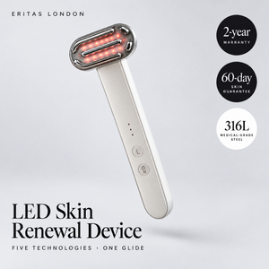 Eritas LED Skin Renewal Device in Ivory White with 2-year warranty, 60-day skin guarantee and medical-grade 316L steel
