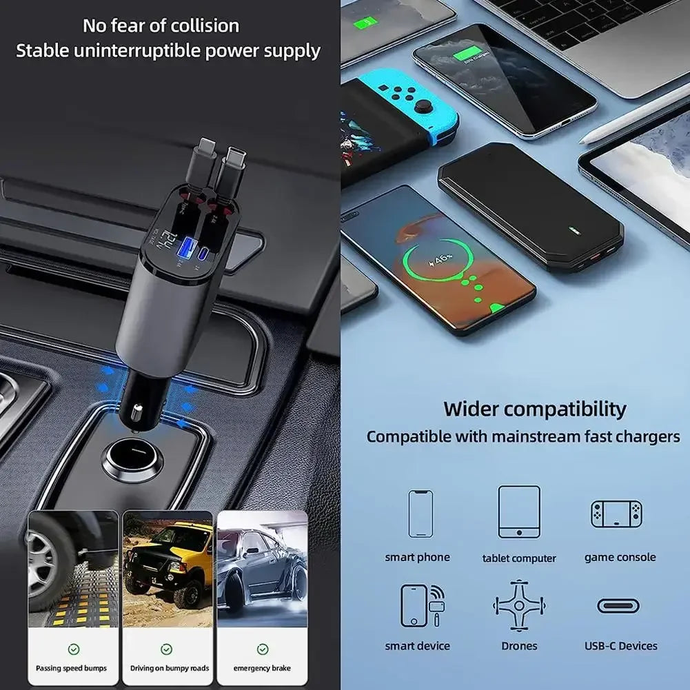 Versatile 100W Car Charger with Retractable Cable - Eritas London
